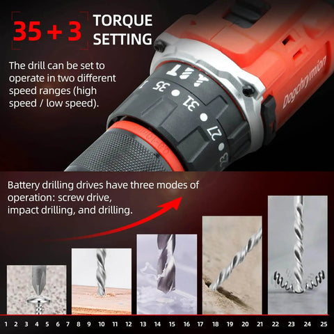 Cordless Drill Set For Makita 18V Battery Compatible with 1500 RPM Brushless Motor shown with torque settings and drill bits