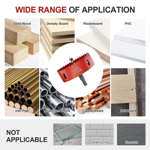 4 Inch Bi Metal Hole Saw With Pilot Drill Bit M42 High Speed Steel, shown with various applicable and non-applicable materials.