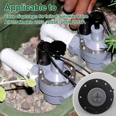 Two valve diaphragm assemblies for Irritrol 205 series sprinkler valves, grey housing with black diaphragms; inset close-up.