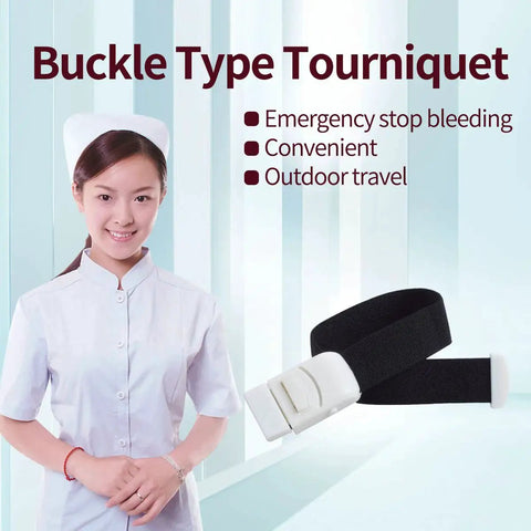 Nurse with buckle type tourniquet, emphasizing emergency stop bleeding, convenience, and outdoor travel benefits.