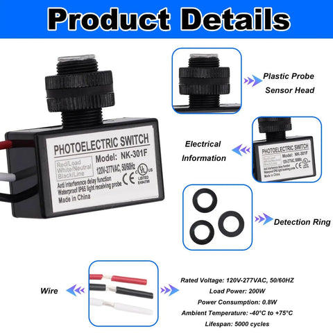 Electronics parts layout displayed with sensor head, photoelectric switch model NK-301F, wire, detection ring, and specifications text.
