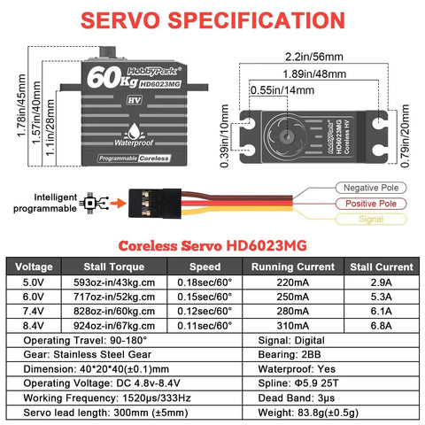 Specification chart for Waterproof 60Kg High Torque RC Servo With Metal Gears HV 8.4V Digital Coreless Motor