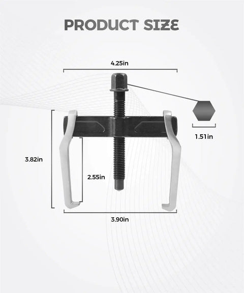Two Jaw Gear Puller Set For Automotive Use, 4 Inch Adjustable Bearing Puller dimensions and design details on display
