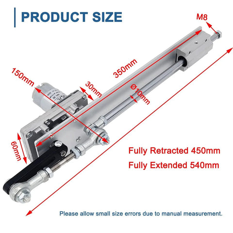 Reciprocating Cycle Linear Actuator With 24V DC Power, showing product size measurements and telescoping gear drive.
