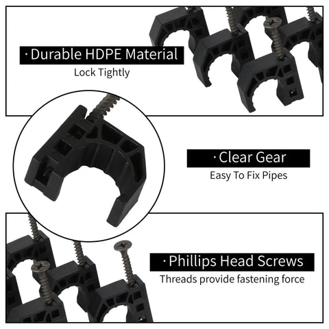 Black 1/2 in J-clamp tubing clips with Phillips screws; 50-pack HDPE tube supports for PEX, copper, CPVC.