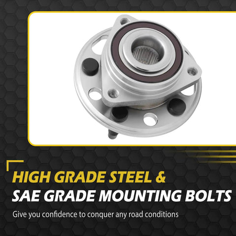 Front close-up view of wheel bearing hub from 2.4L Front Left And Right CV Axles And Front Wheel Bearing Hub Kit For 2010 To 2017 Chevy Equinox And GMC Terrain With Shaft Replacement Direct Fit Heavy Duty Construction Ready To Install featuring steel construction.