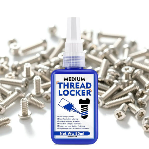 Blue Thread Locker 50ml Medium Strength Waterproof Threadlocker For Nuts Bolts And Fasteners That Keeps Screws Tight And Resists Loosening And Corrosion Even On Extreme Vibration Removable Releasable By Lubynia bottle with screws