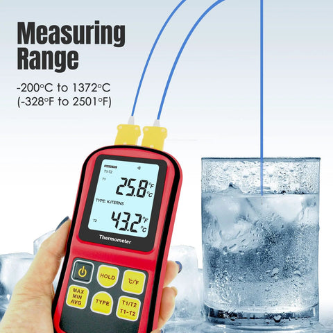 Red handheld digital thermocouple thermometer with dual-channel LCD and blue K-type probes beside a glass of ice water