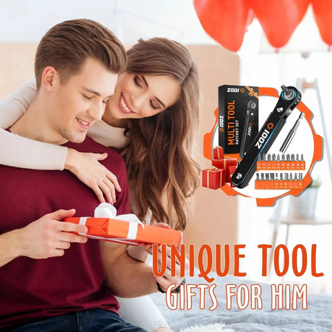 Couple smiling with gift; 22 In 1 Ratchet Screwdriver Set With 90 Degree Right Angle Bits Pocket Sized EDC Gear in box displayed nearby.