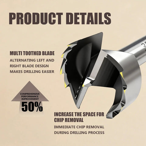 Close-up of Eight Piece Forstner Drill Bit Set for Woodworking with hex shank, showing multi-toothed blade and chip removal feature.