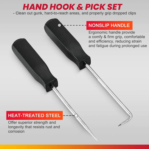 Close-up of hand hook and pick set with nonslip handle and heat-treated steel, part of 11 Piece Snap Ring Pliers Set For Car And Motorcycle.