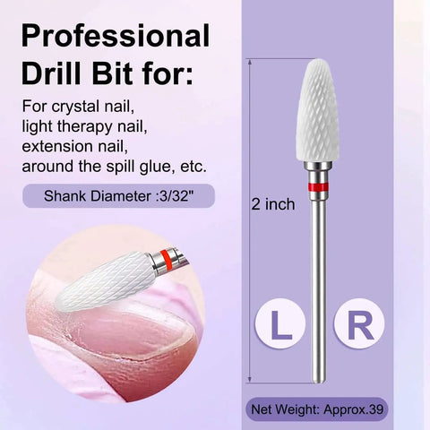 Ceramic Nail Drill Bit 3/32 Inch Fine Cone For Quick Safe Acrylic And Gel Removal, shown with size and use illustration.
