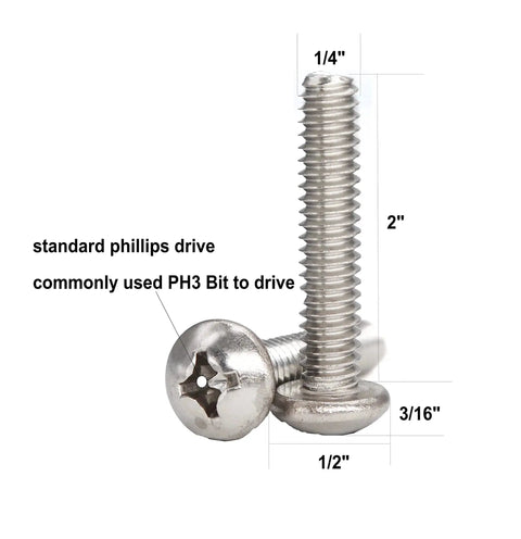 304 Stainless Steel Pan Head Phillips Machine Screws 1/4-20 x 2 Inches, 20 Pack with measurements and drive type