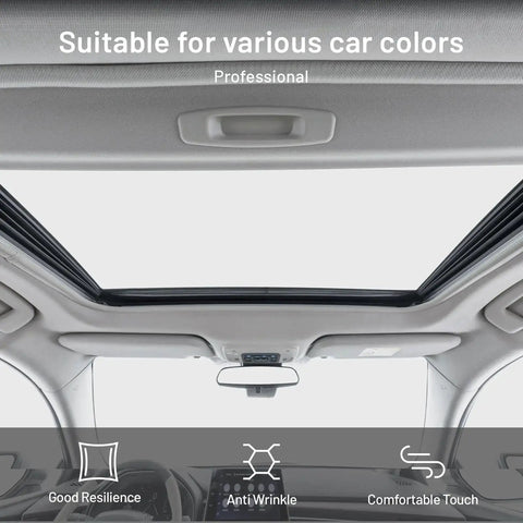 Interior view of car roof with installed gray headliner fabric, 96x60, showing foam backing and sound insulation features.