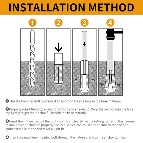 Installation method for Drop-In Anchor Setting Tool For Concrete, 3/8 Inch 16 Thread, Carbon Steel With Zinc Plating