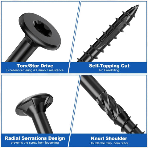 Close-up of Deck Screws Kit with 120 piece wood screws assortment, featuring Torx drive, self-tapping cut, black finish.