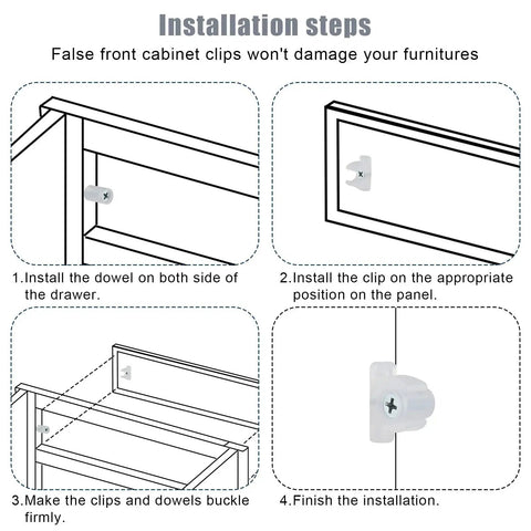 Installation steps for 10 Pack Acrylic False Front Cabinet Clips With Screws For Kitchen Cabinets And Drawers, showing panel and clip-installation.