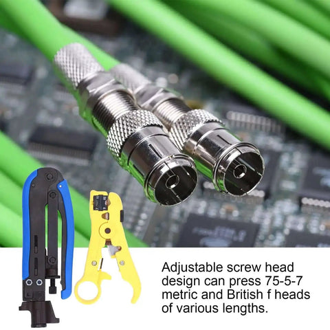 Professional Stripping And Crimping Pliers Set For Coaxial Cables RG59 RG6 RG11 with adjustable wire stripper and coax connectors.