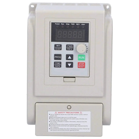 Front view of white variable frequency drive (VFD) with digital display and control keypad