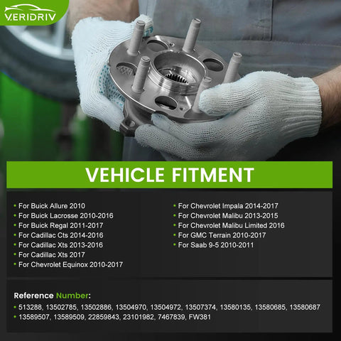 Direct Replacement Front And Rear Wheel Bearing Hub Assembly With 5 Lug And ABS Sensor For GM Vehicles Including Buick LaCrosse Regal Cadillac XTS CTS Saab Nine Five Chevy Equinox Impala Malibu And GMC Terrain 2010 2017 Fits 3.6L V6 And 2.0T Engines shown in hands with specifications.