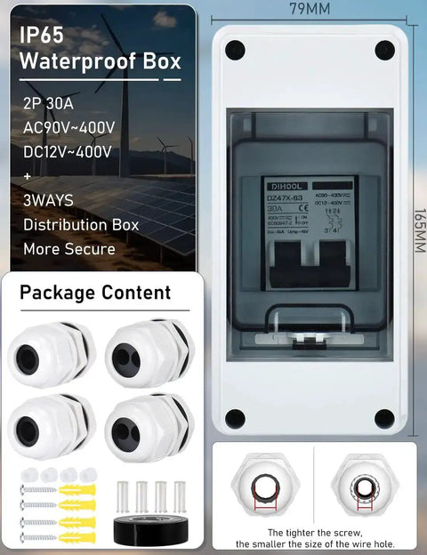 Front view of Rugged Solar Panel Disconnect Switch With IP65 DIN Box 30 Amp Dual Pole Isolator 12V To 400V AC DC Miniature Circuit Breaker