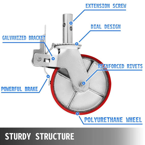 Heavy Duty 8 Inch Scaffolding Casters Set, 4 Pack With Locking Stem Brakes, Each Wheel 1100 Lbs Capacity, Total 4400 Lbs, Polyurethane Wheels
