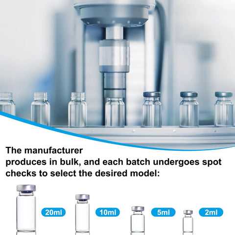 10-pack 2ml sealed sample glass vials on an automated filling line; transparent glass with self-healing injection port, Amazon.