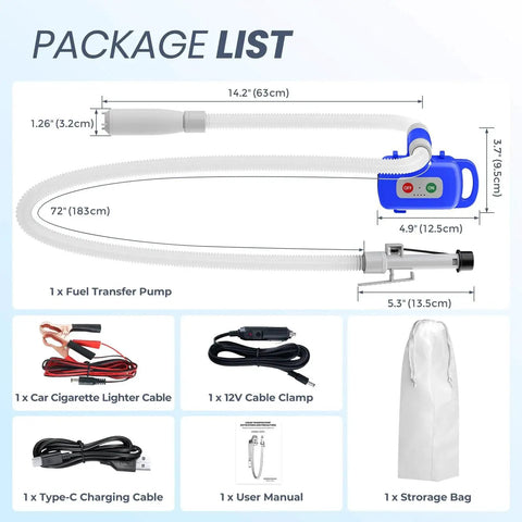 Electric Fuel Transfer Pump With Auto Stop Sensor And Leak Protection 3 GPM package list with components and cables.