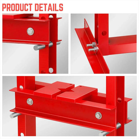 Close-up of red steel construction of 6 Ton Hydraulic Shop Press With H Frame Floor Model For Auto And Metalwork 0 Inch To 28 Inch Adjustable Working Range.