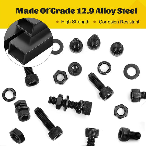 All In One 272 Piece M5 Screws Nuts Washers Kit With Hex Socket Head Bolts, Detail View of Black Zinc Plated Alloy Steel Parts