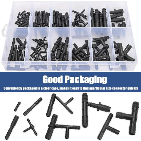 Ultimate Vacuum Connector Kit With Nylon Barbed Fittings 113 Piece Assortment shown in clear packaging case with assorted connectors