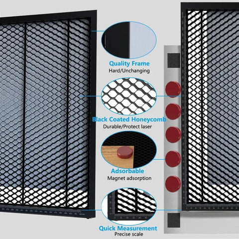 Honeycomb Laser Bed For Falcon A1 Laser Engraver With Aluminum Panel And Suction Magnets, Black Oxide Coated Honeycomb Platform For Laser Engraving And Cutting, 18.1 By 13.6 Inches, Durable Work Surface, showing detailed features.