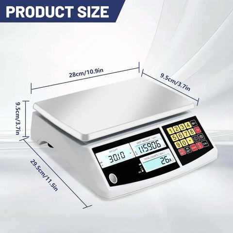 Coin And Parts Counting Scale With Alarm For Coins And Small Parts, Heavy Duty Pro Grade Electronic Gram Scale With Tare and Sample Count, 30kg/66lb Capacity, 0.1g Precision, g/kg/lb Display, showing dimensions.
