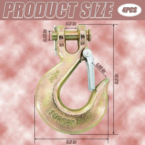 Front view of a Two Pack G70 Forged Clevis Slip Hooks With Safety Latch 18000 Lbs, showing dimensions and forged steel with zinc finish.