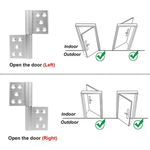 Diagram showing 8 Pack Lift Off Flag Detachable Door Hinges Aluminum Alloy With Countersunk Holes 360 Degree Rotation for left and right opening.