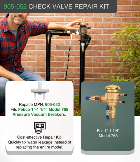 Check valve repair kit 905-052 for Febco 1-1/4 in Model 765 pressure vacuum breaker; brass valve shown.