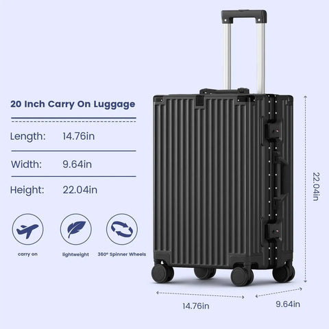 20 Inch Carry On Luggage With Aluminum Frame Zipperless Hard Shell And Spinner Wheels For Easy Travel With USB Charging Port Phone Holder And Cup Holder TSA Lock For Business Trips Built For Frequent Flyers Black, shown with dimensions and features on display.