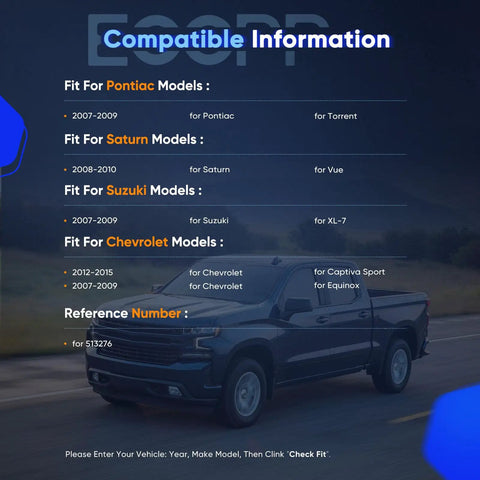 Compatibility chart showing fit for Pontiac, Saturn, Suzuki, Chevrolet models with years and reference number 513276 for parts.