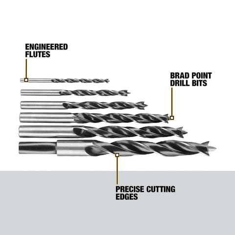 Side view of Brad Point Drill Bit Set For Wood And Metal 6 Piece DW1720 with precise cutting edges and engineered flutes.