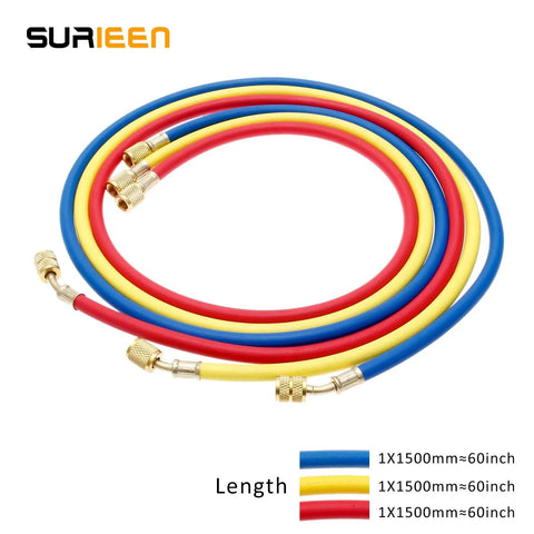 SURIEEN 60in R410A refrigerant charging hoses set; three hoses in blue, yellow, red with 1/4 to 5/16 SAE brass fittings