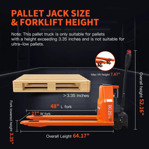 Electric pallet jack side view; orange, 4400lb capacity, 48V battery, 48in forks, 27in width, 64.17in length.