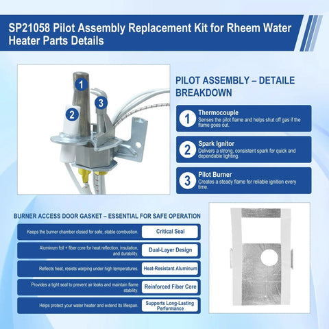 Amazon SP21058 pilot assembly kit for Rheem water heaters; metal components include thermocouple, spark igniter, burner.