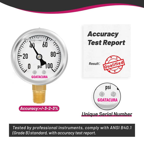 Glycerin Filled Pressure Gauge 0-100 PSI With 2 Inch Dial 304 Stainless Steel Case 1 Quarter Inch NPT Lower Mount Accuracy Test