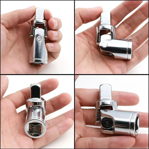 Universal joint socket adapters, chrome vanadium steel, 3-piece set with 1/4, 3/8, 1/2 in drives for ratchet (front view).