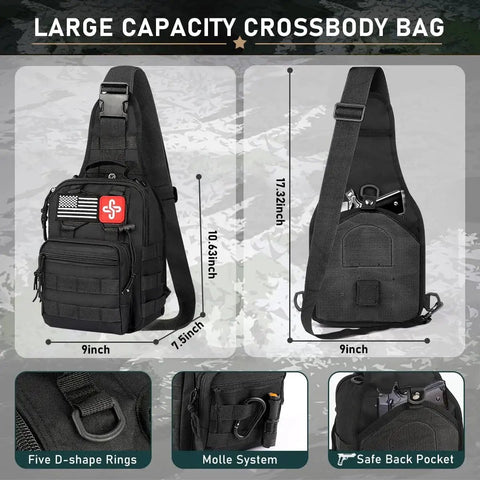 262 Piece Survival Kit With First Aid Pouch And Crossbody Bag For 72 Hour Emergency Preparedness, shown with bag features and dimensions