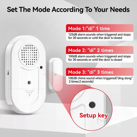 Door Window Alarms 5 Pack 125dB With Volume Control Wireless Sensors showing alarm modes and setup key