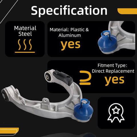 Front Left Upper Control Arm with Ball Joint for Tesla Model 3 2017 to 2021 and Model Y 2020 to 2021 Direct Replacement OE 104432100E 104432100F 104432100G Durable Suspension Part for a Smoother Tighter Ride made of steel, plastic, and aluminum.