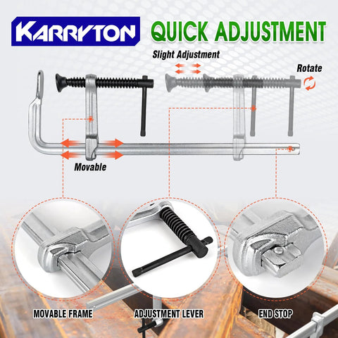 KARRYTON 4-pack 12in F clamps with 3in throat, drop-forged steel bars, adjustable lever, for wood and metal projects
