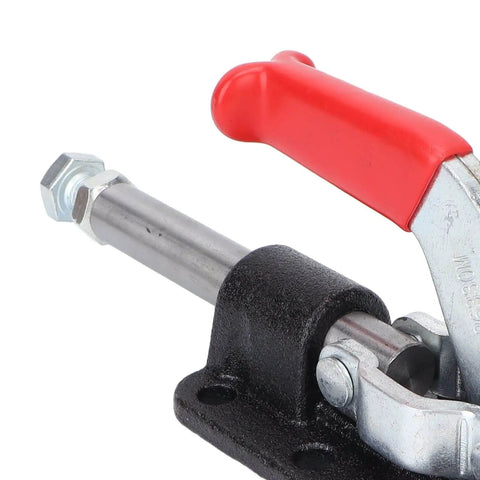 Close-up of Push Pull Toggle Clamp For Heavy Duty Welding And Fabrication, 30607M Or 36330M, with red handle and metal bolt.