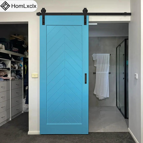 Heavy Duty Sliding Barn Door Kit With Five Foot Track Built To Last 350 Lb Capacity installed in bathroom entrance